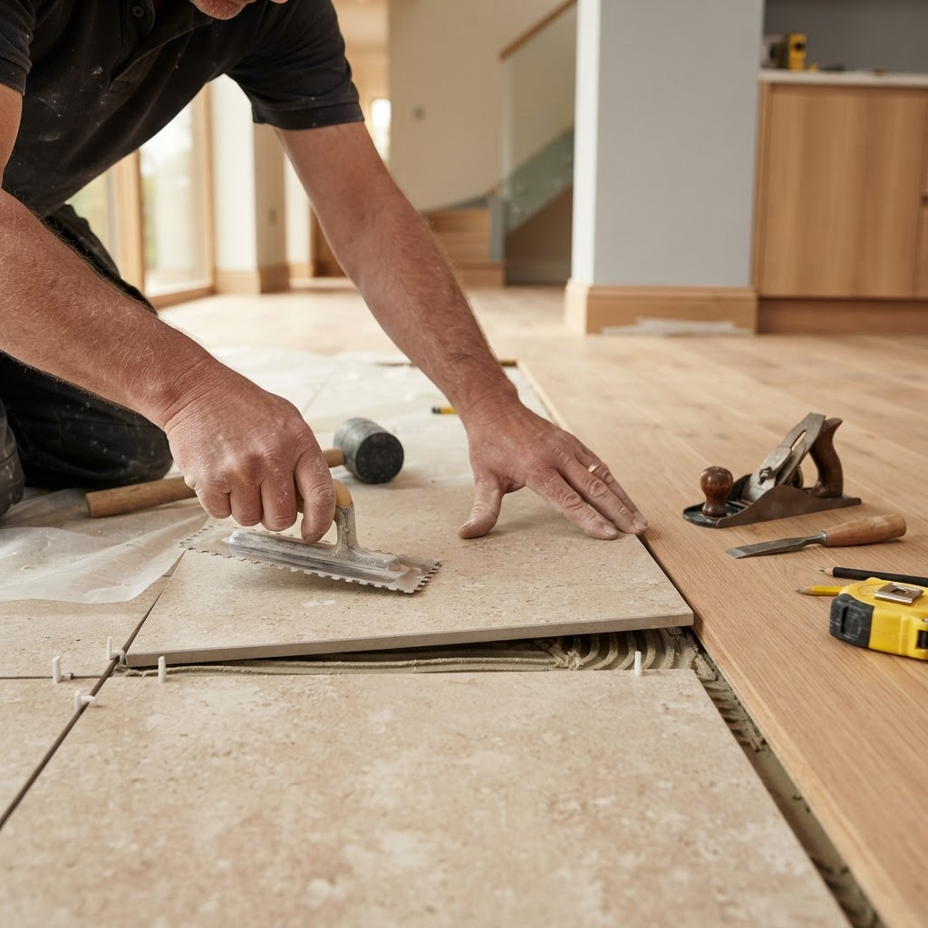 A craftsman precisely laying floor tiles during an interior renovation