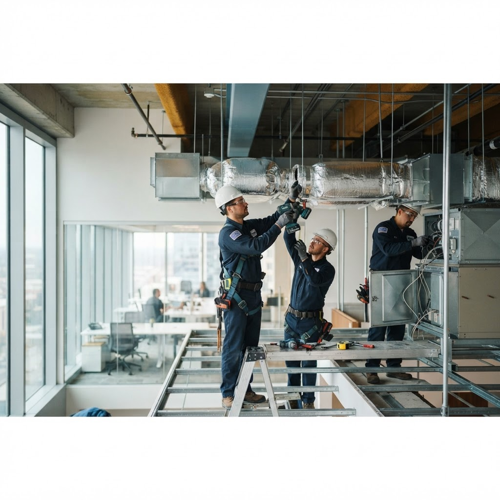 DawlTech technicians installing air-conditioning ductwork in a modern building